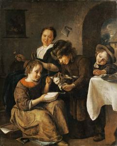 Jan Steen (1625-1679), Kinder wollen einer Katze das Lesen beibringen